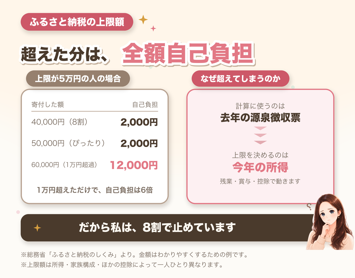 ふるさと納税の上限5万円の人が6万円寄付すると自己負担は12,000円。計算は去年の源泉徴収票、上限は今年の所得で決まる