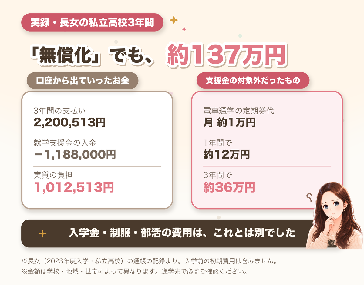 私立高校3年間の実質負担約101万円と交通費約36万円を示した図