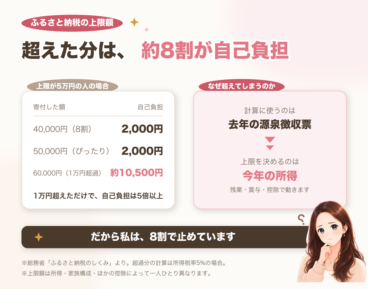 ふるさと納税の限度額5万円の人が6万円寄付すると自己負担は約10,500円。計算は去年の源泉徴収票、上限は今年の所得で決まる