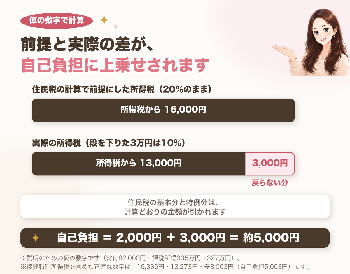 仮の数字の計算。住民税の計算で前提にした所得税は20%のままの16,000円、実際の所得税は13,000円で、差の3,000円が戻らない。自己負担は2,000円+3,000円で約5,000円